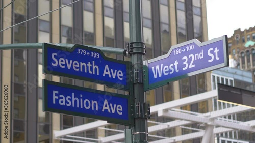 Fashion ave and Seventh Ave Street Sign In New York City in 4K Slow motion 60fps