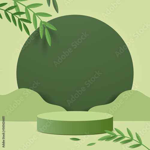Abstract minimal scene with geometric forms. cylinder podium in green background with green plant leaves. product presentation, mockup, show product, podium, stage pedestal or platform. 3d vector