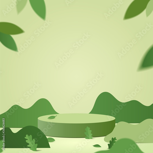 Abstract minimal scene with geometric forms. cylinder podium in green background with green plant leaves. product presentation, mockup, show product, podium, stage pedestal or platform. 3d vector