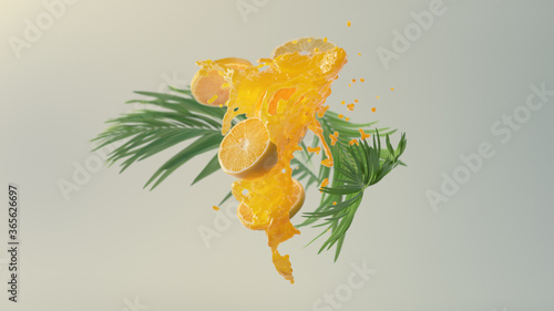 Orange with juice splash and palm branches. Realistic 3d render.