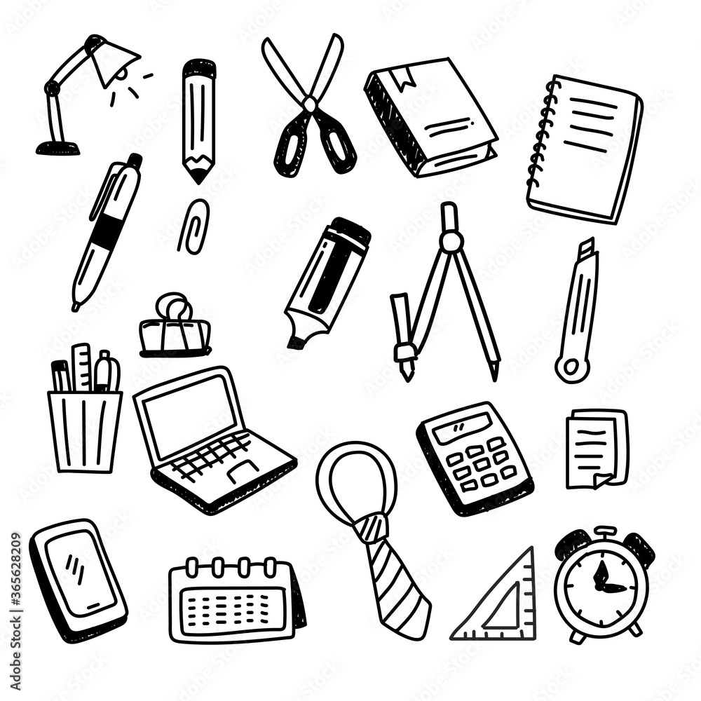 Set of stationery and office tools doodles vector Set of stationery and office tools doodles vector