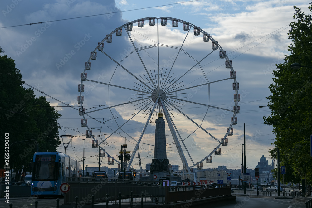 Brussels / Belgium - The view landmark before a summer sunset - touristic wheel with amazing view over the city