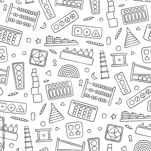 Hand drawn kid toys for Montessori games. Education logic toys for preschool children. Montessori system for early childhood development. Seamless pattern in doodle style on white background