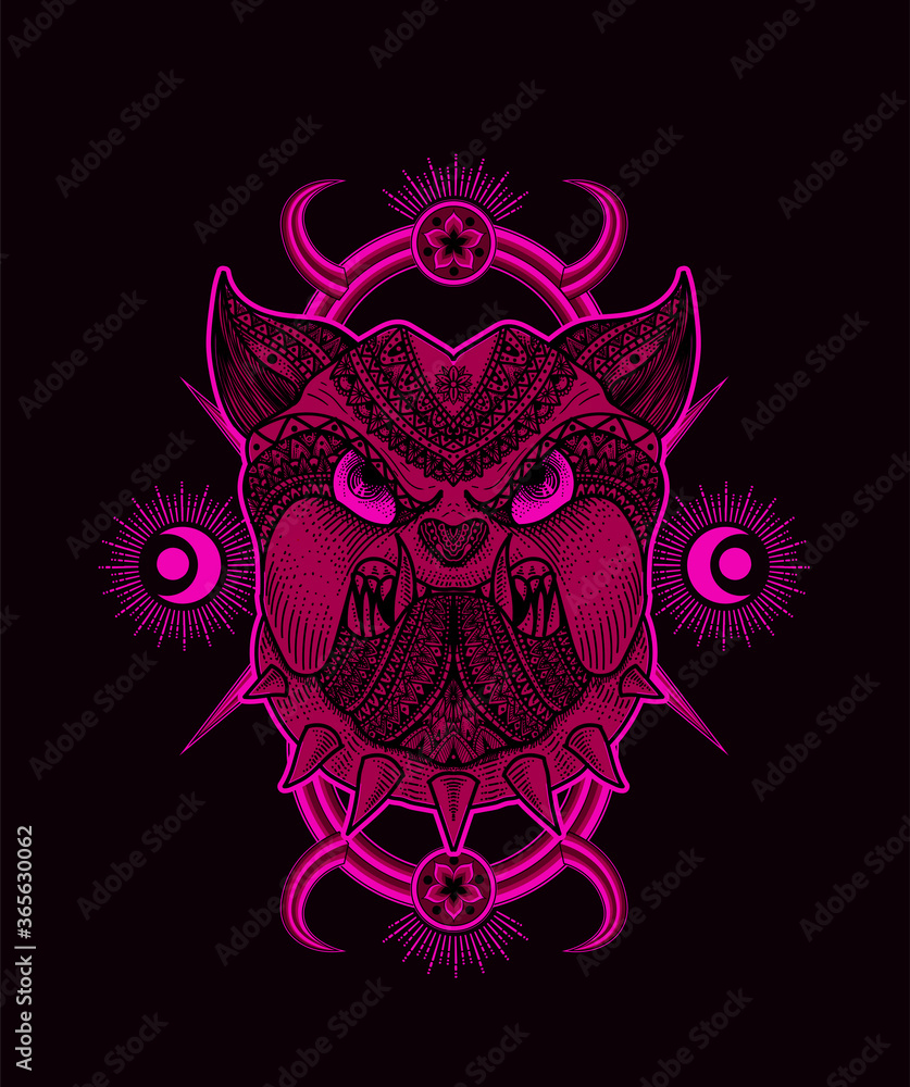 Fototapeta premium Illustration vector Dog head mandala tribal style with sacred geometry on black background.