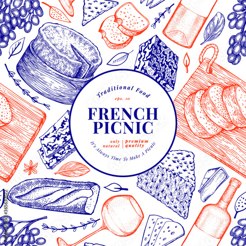 French food illustration design template. Hand drawn vector picnic meal illustrations. Engraved style different snack and wine banner. Vintage food background.