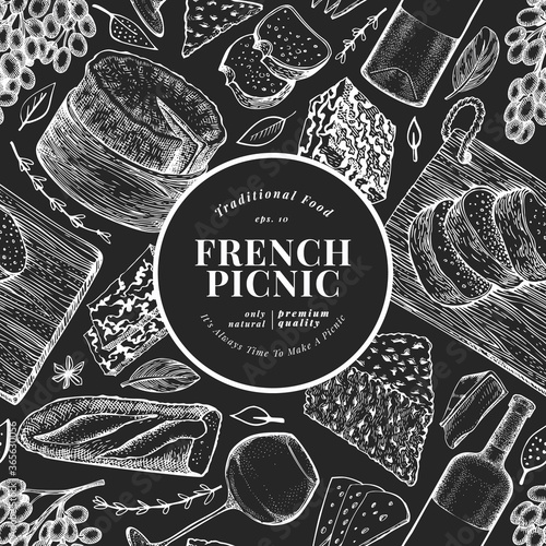 French food illustration design template. Hand drawn vector picnic meal illustrations on chalk board. Engraved style different snack and wine banner. Vintage food background.