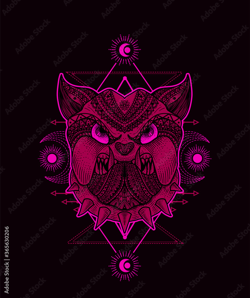 Illustration vector Dog head mandala tribal style with sacred geometry on black background. Illustration vector Dog head mandala tribal style with sacred geometry on black background.