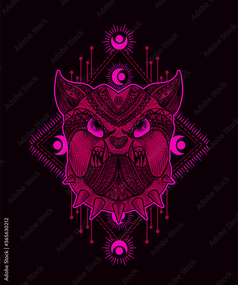 Fototapeta premium Illustration vector Dog head mandala tribal style with sacred geometry on black background.