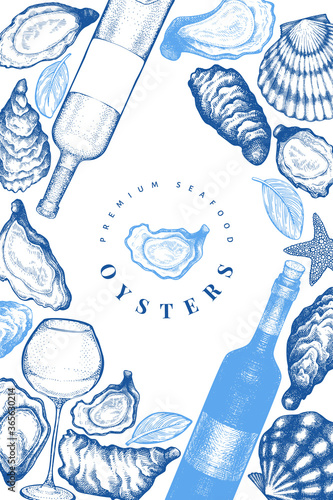 Oysters and wine design template. Hand drawn vector illustration. Seafood banner. Can be used for design menu, packaging, recipes, label, fish market, seafood products.
