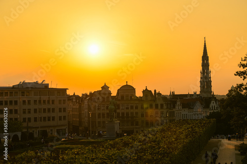Amazing summer sunset at Garden of the Mont des Arts square with view over the city centre and Grand Place - Brussels, Belgium