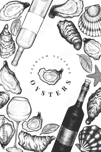 Oysters and wine design template. Hand drawn vector illustration. Seafood banner. Can be used for design menu, packaging, recipes, label, fish market, seafood products.