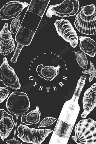 Oysters and wine design template. Hand drawn vector illustration on chalk board. Seafood banner. Can be used for design menu, packaging, recipes, fish market, seafood products.