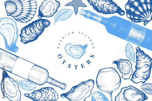 Oysters and wine design template. Hand drawn vector illustration. Seafood banner. Can be used for design menu, packaging, recipes, label, fish market, seafood products.