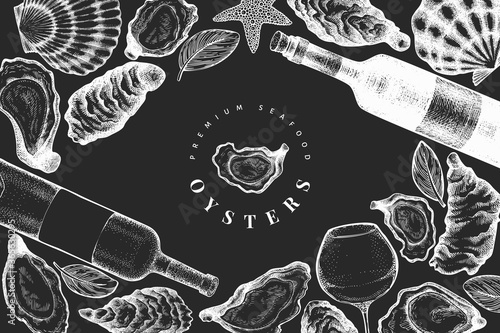 Oysters and wine design template. Hand drawn vector illustration on chalk board. Seafood banner. Can be used for design menu, packaging, recipes, fish market, seafood products.