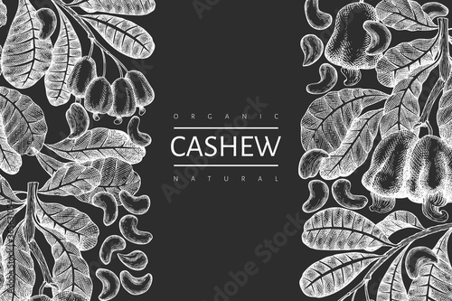 Hand drawn sketch cashew design template. Organic food vector illustration on chalk board. Vintage nut illustration. Engraved style botanical background.