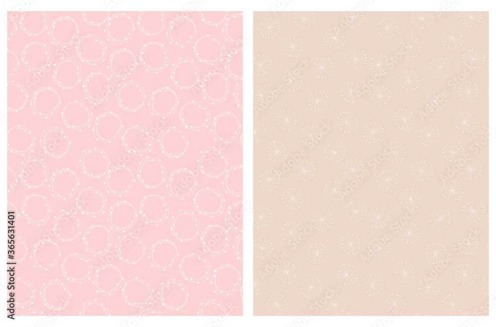 Simple Seamless Geometric Vector Patterns. White Free Hand Circles Isolated on a Light Pink Background. White Abstarct Snowflakes on a Cream Layout. Simple Abstract Doodle Vector Print.