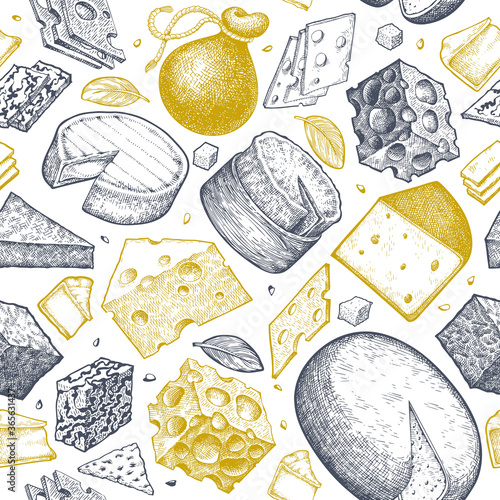 Cheese seamless pattern. Hand drawn vector dairy illustration. Engraved style different cheese kinds. Retro food background.