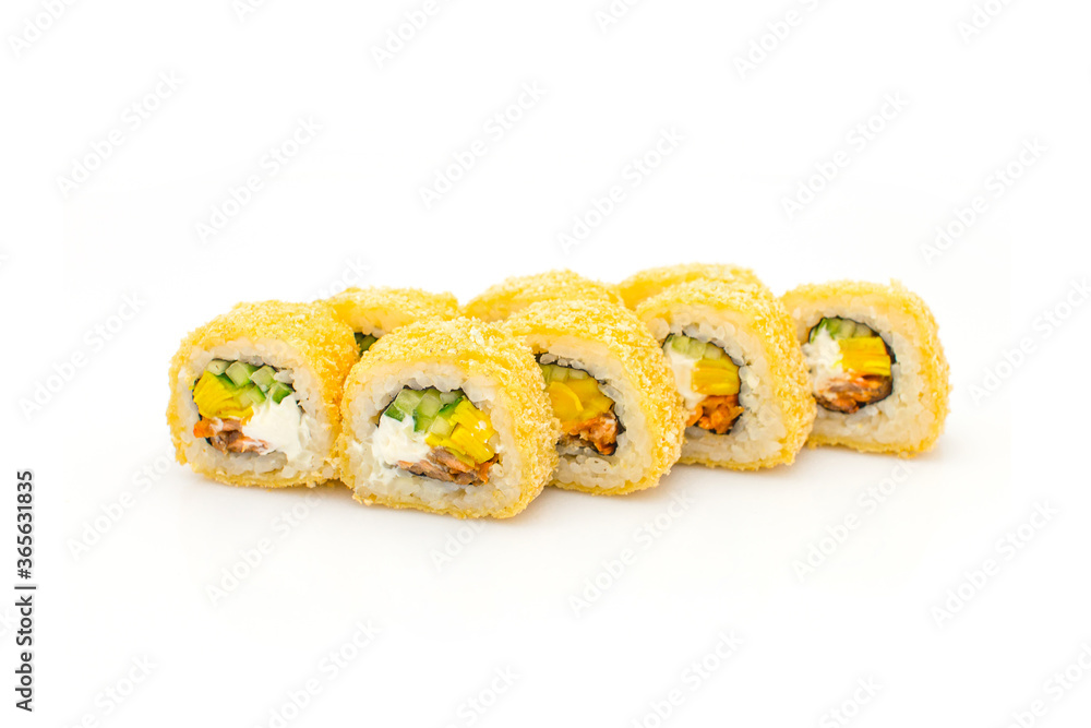 Japanese Roll with breading isolated on white background. Asian Hot