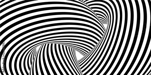 Abstract 3d background in lines style. Black and white monochrome stripes banner. Forms with optical Illusion. Vector Illustration.