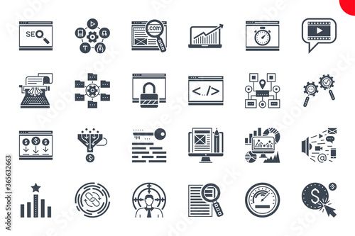 Seo Glyph Related Icons Set on White Background. Simple Solid Pictogram Pack Stroke Vector Logo Concept for Web Graphics. 