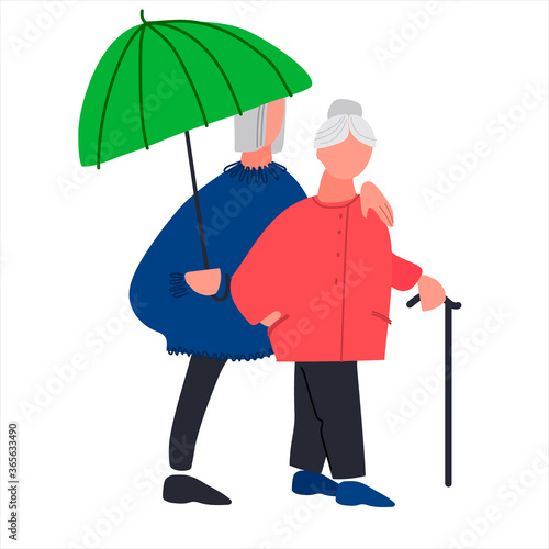 Happy old people walking under umbrella. Senior couple enjoying a walk together in the rain. Vector illustration in flat style. Isolated on white