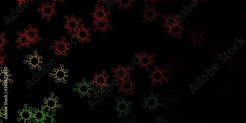 Dark green, red vector pattern with coronavirus elements.