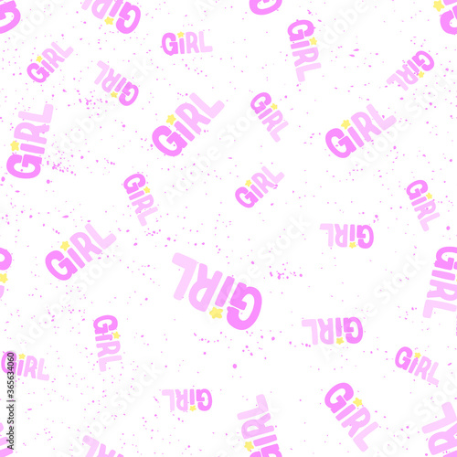 Girl. Vector seamless pattern with hand drawn words. Memphis geometric outline trendy modern style. 