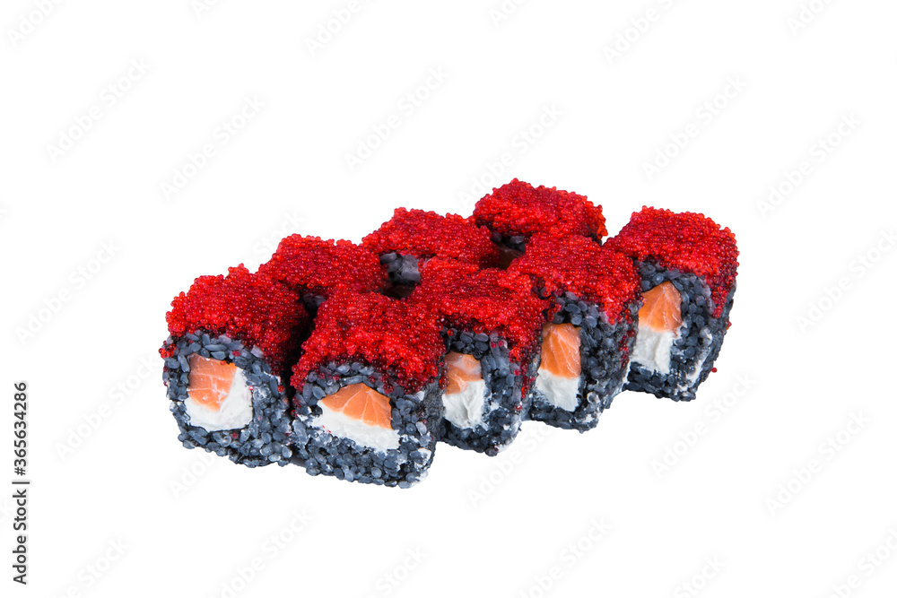 Japanese Sushi Roll with black rice, salmon, Philadelphia cream cheese and flying fish roe (Tobiko caviar) isolated on white background. Asian menu raw seafood dish, isolation.
Japanese Sushi Roll with black rice, salmon, Philadelphia cream cheese and flying fish roe (Tobiko caviar) isolated on white background. Asian menu raw seafood dish, isolation.