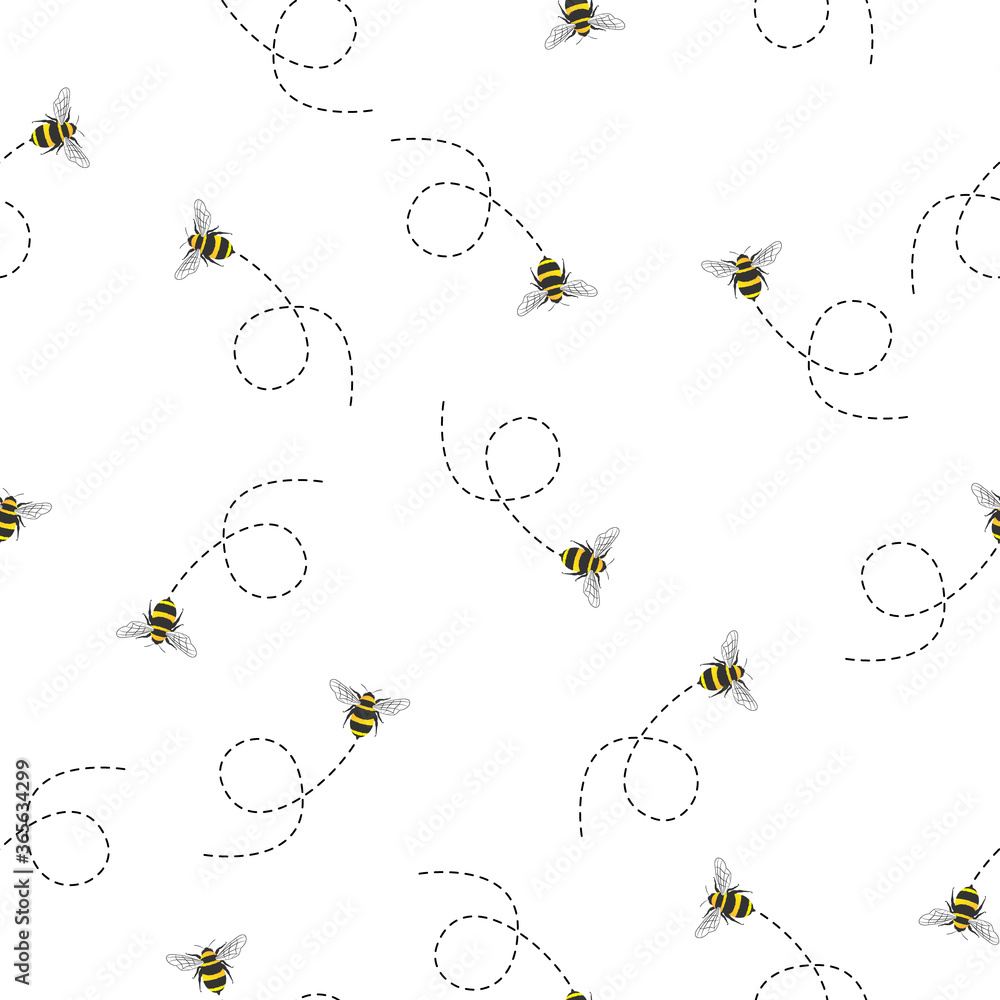Seamless Pattern with flying bees. Vector Cartoon black and yellow bees ...