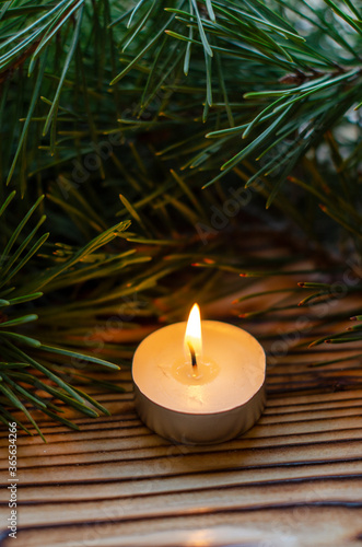 candle on the background of Christmas tree branches