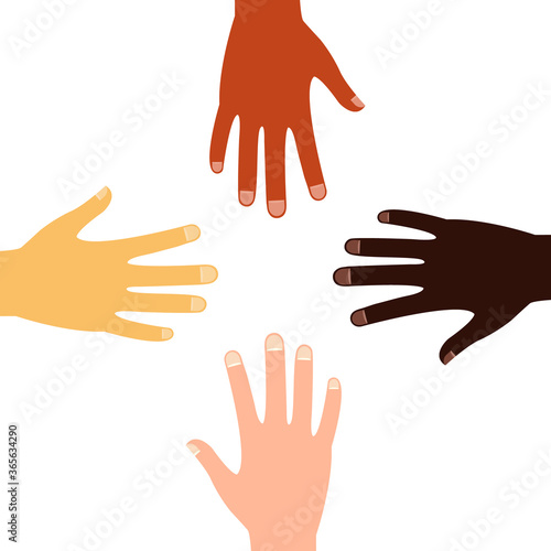 Vector up hands, teamwork design over. Colorful multicultural hands. Partners company friendship in flat style isolated on white