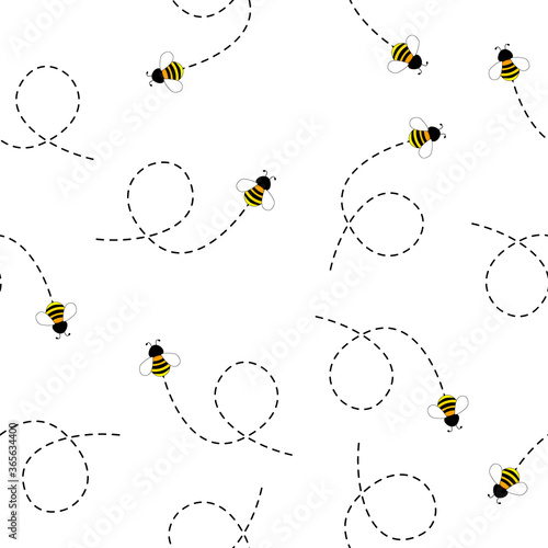 Seamless Pattern with flying bees. Vector Cartoon black and yellow bees isolated on white background. Cartoon doodle cute bees seamless with dotted lines pattern