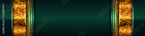Dark green abstract background with overlap layers. luxury design concept with golden glitters dots element decoration