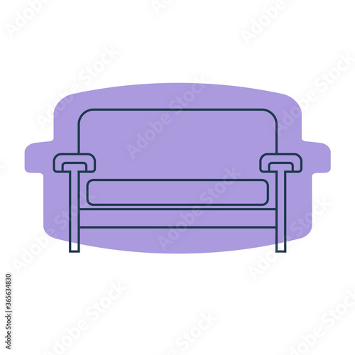 Comfortable sofa with one pillow. Image of couch in line art style. Element furniture of the interior. Modern stylish object for relaxation. Flat illustration with settee on shape background