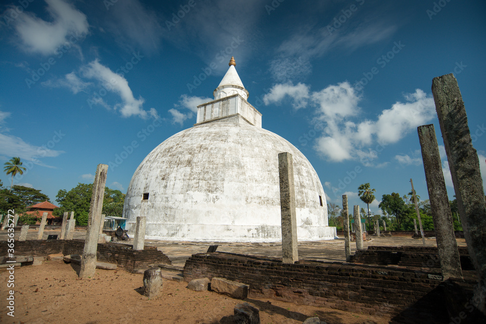 temple bouddhiste stupa blanche devant des douves de fleurs de lotus au Sri  