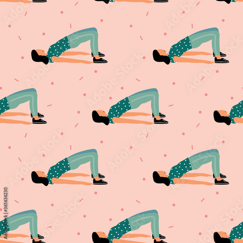 Seamless pattern with woman doing yoga at home. Illustration with pose Bridge Pose, Setu Bandha Sarvangasana.