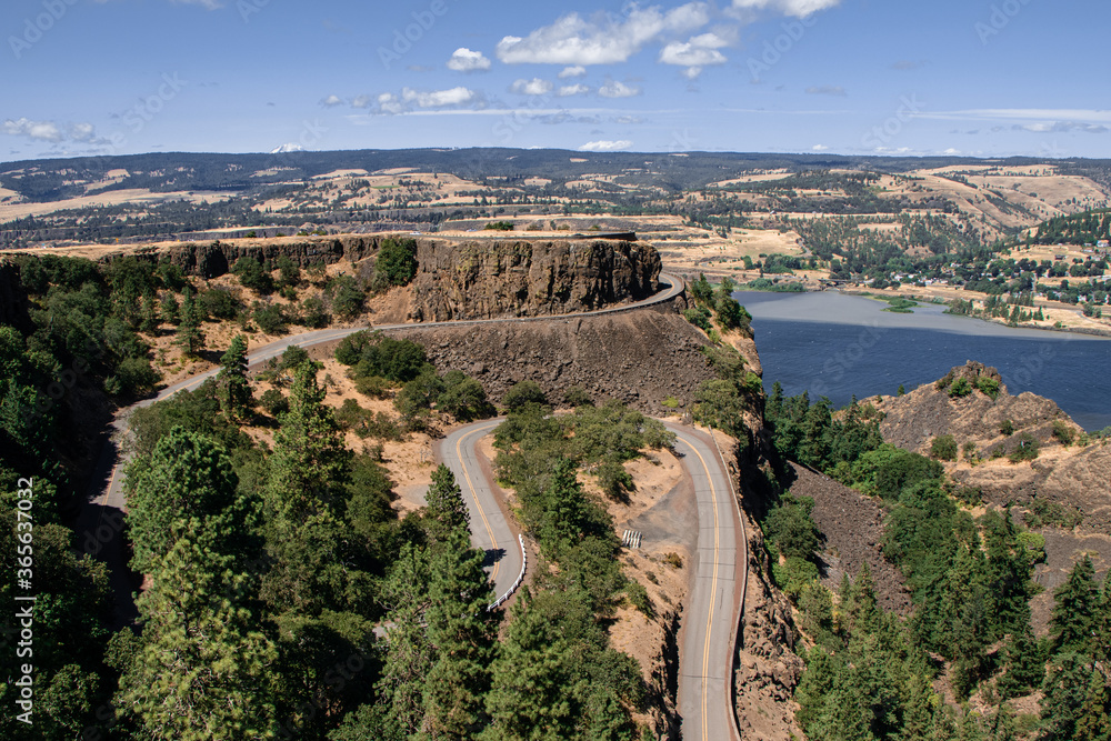 Aerial View of Iconic Rowena Crest Loop in Oregon. Columbia River Gorge on a Summer Day with Blue Skies in the Beautiful Pacific Northwest.