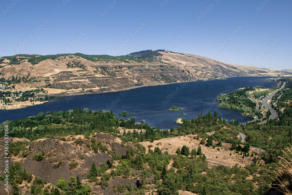Columbia River Gorge Landscape in the Pacific Northwest. Aerial View Above Rowena Crest in Oregon. Clear Blue Skies on a Warm Summer Day.