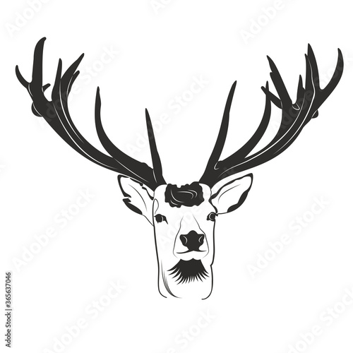 European deer head black silhouette isolated on white background. Reindeer head with beautiful horns. Wild forest animal. Hand draw vector illustration. Design element for hunting projects, interior. © marinadesigner