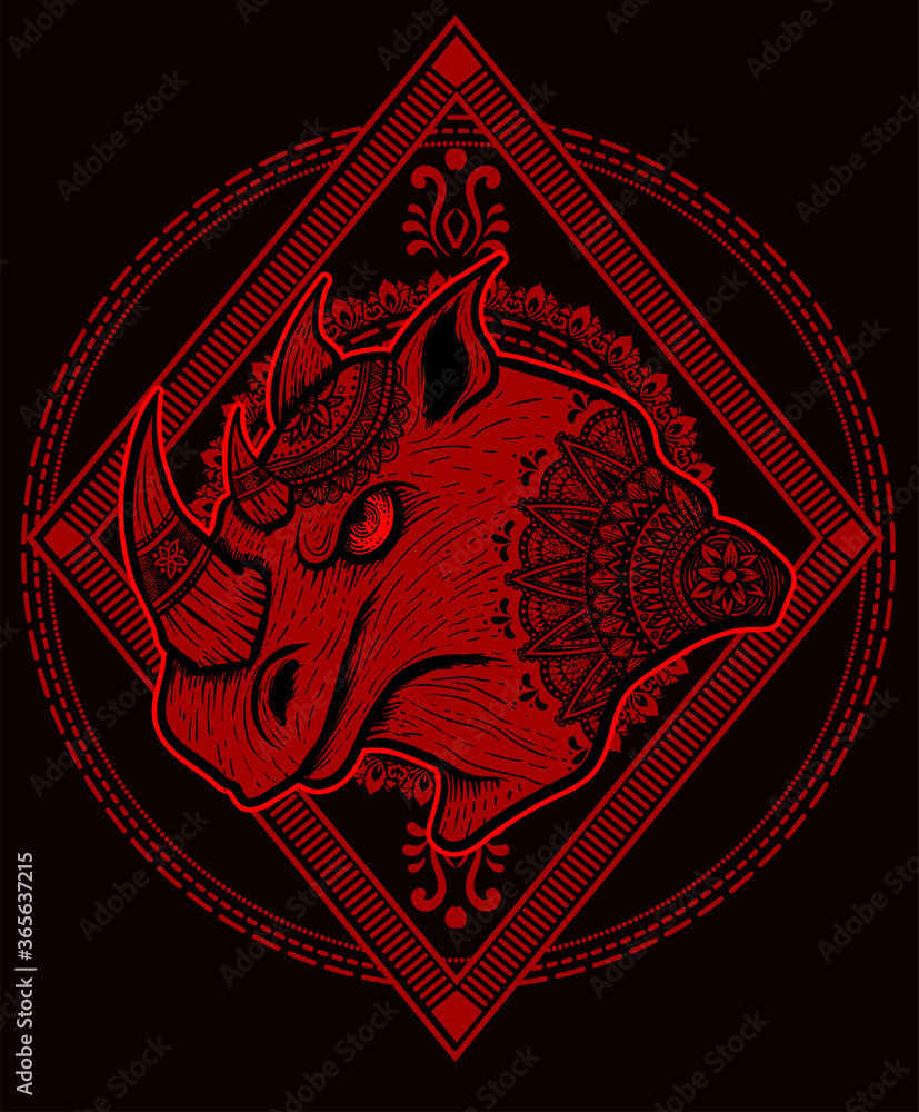 Illustration vector Rhino head mandala tribal style with sacred geometry on black background.