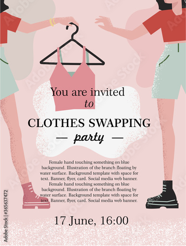 Beautiful cartoon invitation card for swap party or event of exchange old wardrobe for new. Good for clothes design or shopping. Banner with two girls exchanging clothes. Flat cartoon style.