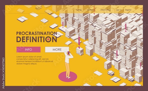 landing page isometric outline mess paper work, documents and important files drawn, man holds his head. Yellow and pink colors. Concept scene about deadline and procrastination