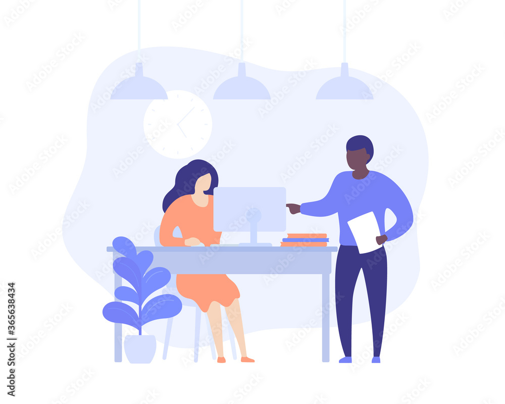 supervisor and employe working at computer, vector illustration