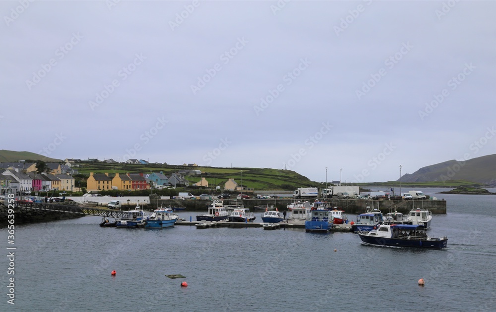 Portmagee village, port and harbour on an overcast autumn day in County Kerry, Ireland.
