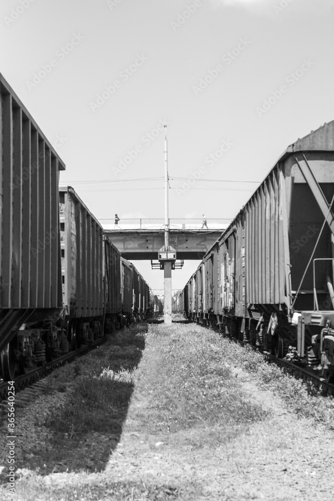Obraz premium Black and white photo of railway carriages going into perspective