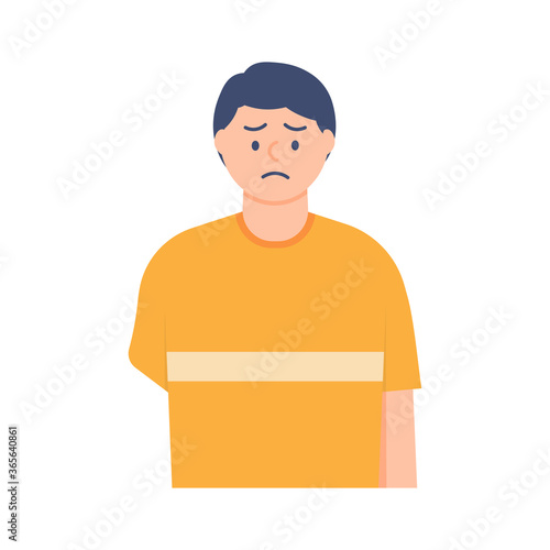illsutration of a man who is sad or depressed because he only has one hand. handicapped, abnormal, disability, loss of one hand. flat design. can be used for elements, landing pages, UI, web sites.