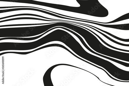 Digital image with a psychedelic stripes. Vector illustration. Texture with wavy, curves lines. Optical art background. Wave design black and white. 