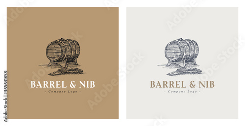 Wood barrel and quill pen hand drawn vector illustration