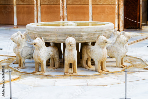Famous Lion Fountain - Alhambra Palace, Granada (Andalusia), Spain.