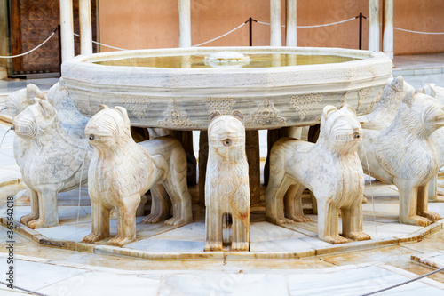 Famous Lion Fountain - Alhambra Palace, Granada (Andalusia), Spain.